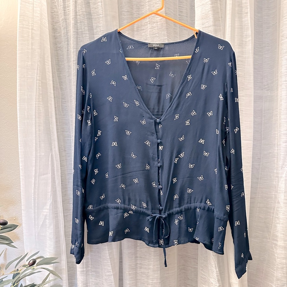 Rails Blue Navy White Butterfly Print Beaux Button Down Blouse Size Medium